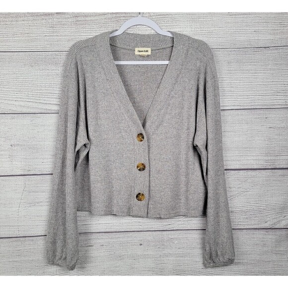 Open Edit Tops - OPEN Edit Ribbed Cropped Button Down Long Sleeve Top Grey Size Medium